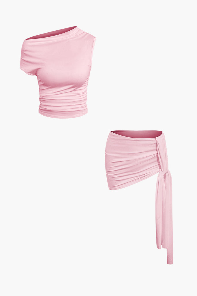 WW | Asymmetrisches Gerüschtes Crop Top & Krawatten Mini Rock Satz