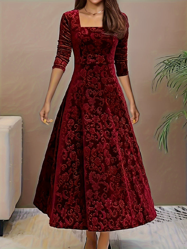 WW | Abendkleid Quadrat-Ausschnitt Blumenmuster Samt Elegante Abendmode