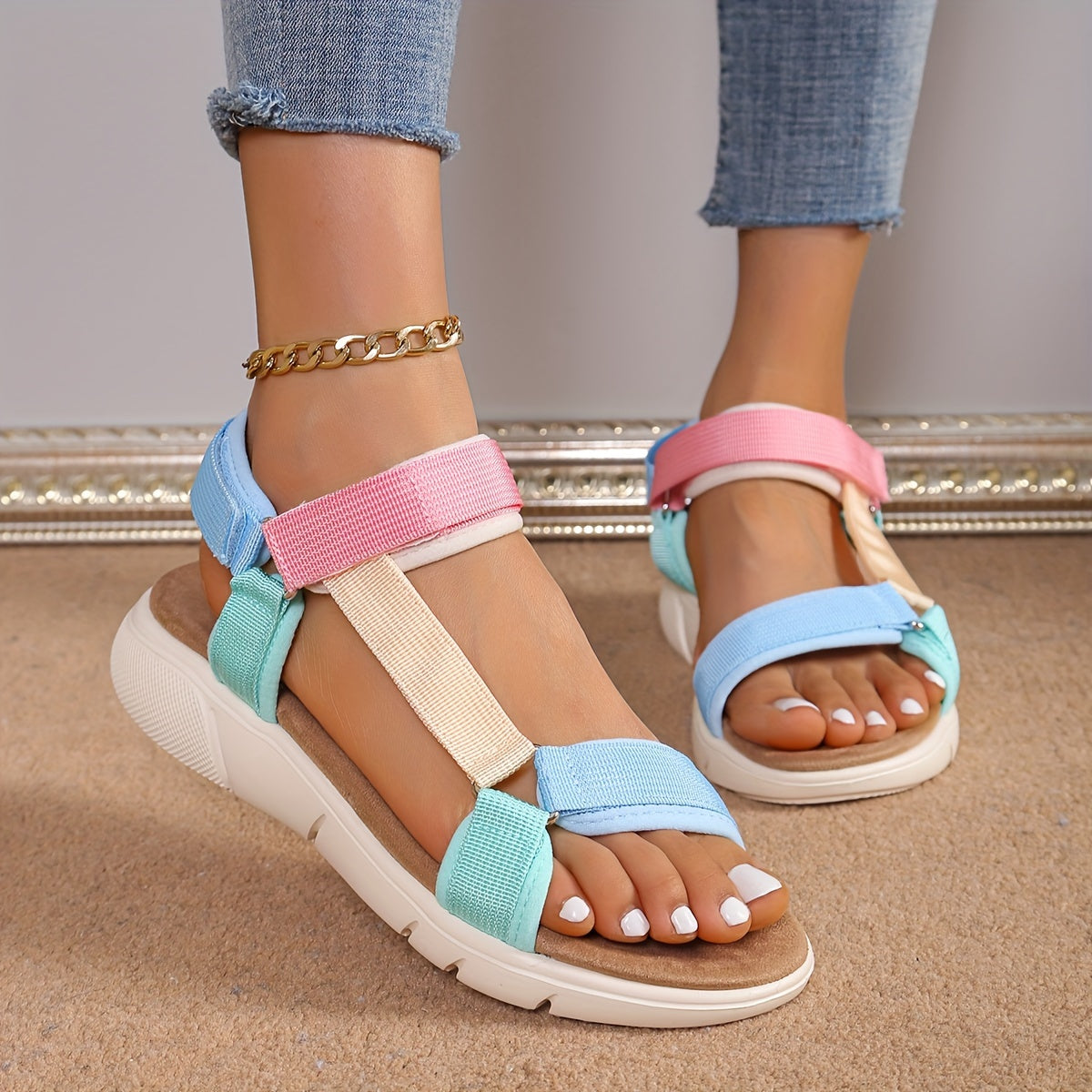 WW | Damen Sandalen: Farbblock, Rutschfest, Elegant, Leicht, Outdoor, Sommer