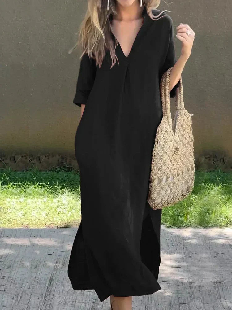 W&W Mode | Schlichte Leinenkleid mit V-Ausschnitt und Tasche
