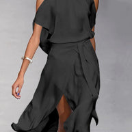 WW | Midi Kleid Off Shoulder Wickelstil Mit Frontschlitz Elegante Fließende Passform