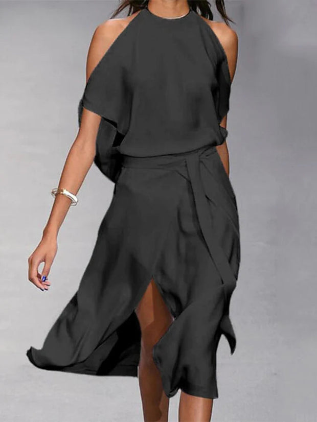 WW | Midi Kleid Off Shoulder Wickelstil Mit Frontschlitz Elegante Fließende Passform
