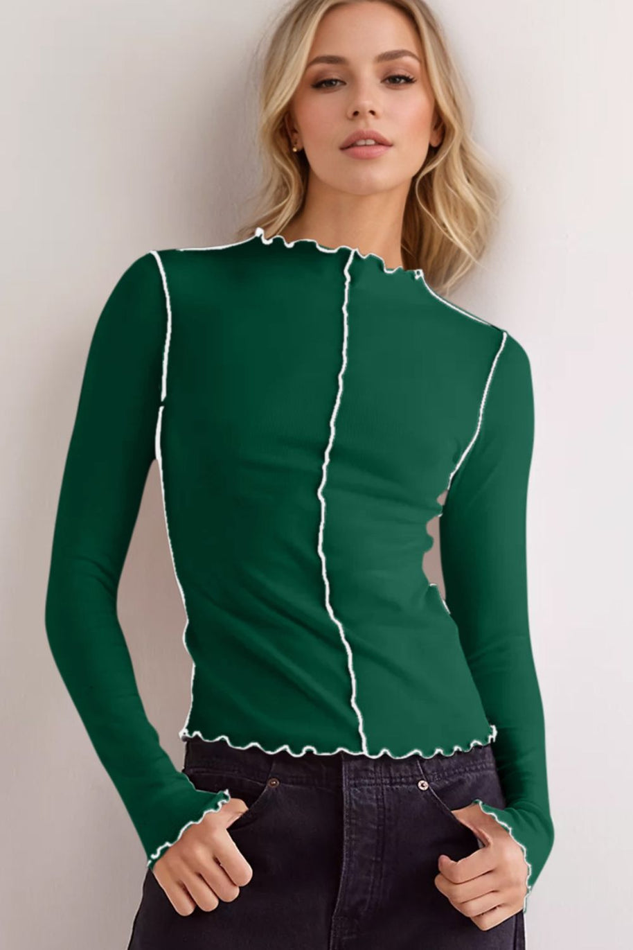 WW | Basic Bae Kontrastbesatz Mock Neck Langarm T-Shirt
