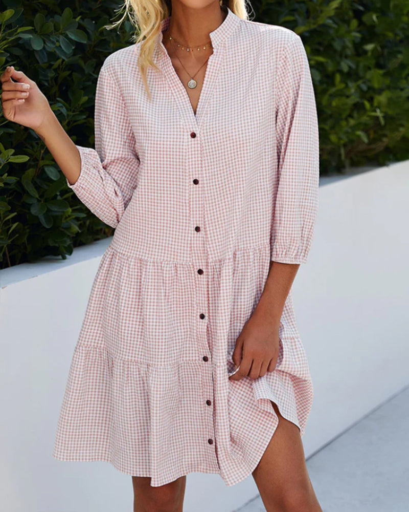 W&W Mode - kariertes A-Linien-Kleid mit Knopfleiste für Damen | ähnelt einem Hemdblusenkleid