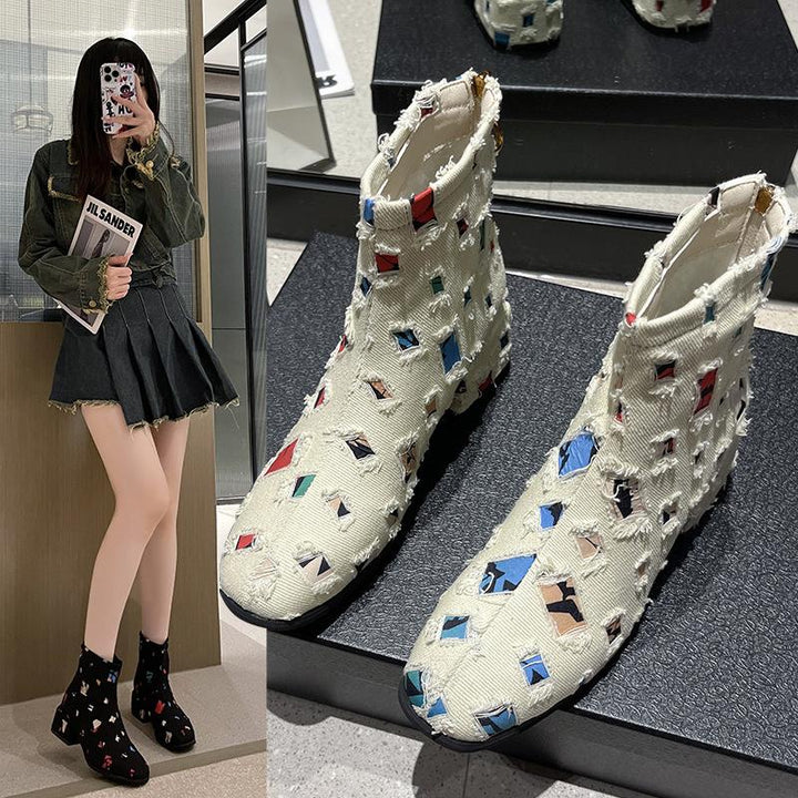 Damen Modische Ankle-Boots mit kreativem Geometrie-Druck und elegantem Reißverschluss W&W Mode