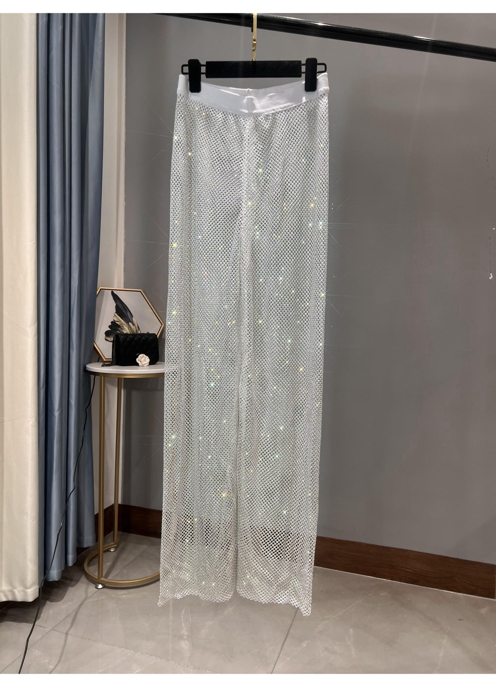 WW | Rhinestone Gerade Netz Weite Bein Slim Fit Schmeichelnde Mop Hosen