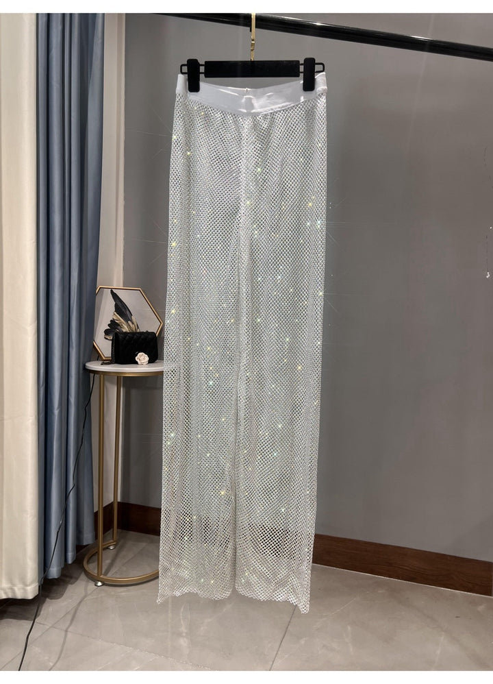 W&W Mode | Rhinestone Gerade Netz Weite Bein Slim Fit Schmeichelnde Mop Hosen