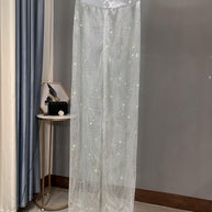 WW | Rhinestone Gerade Netz Weite Bein Slim Fit Schmeichelnde Mop Hosen