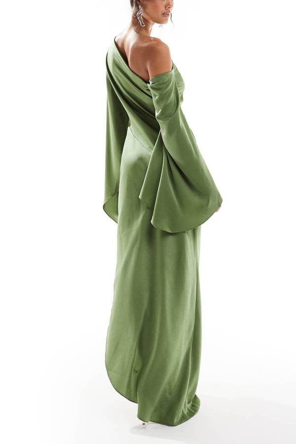 WW | Zayla Satin Asymmetrisches Ein Schulter Glockenärmel Schlitz Maxi Kleid