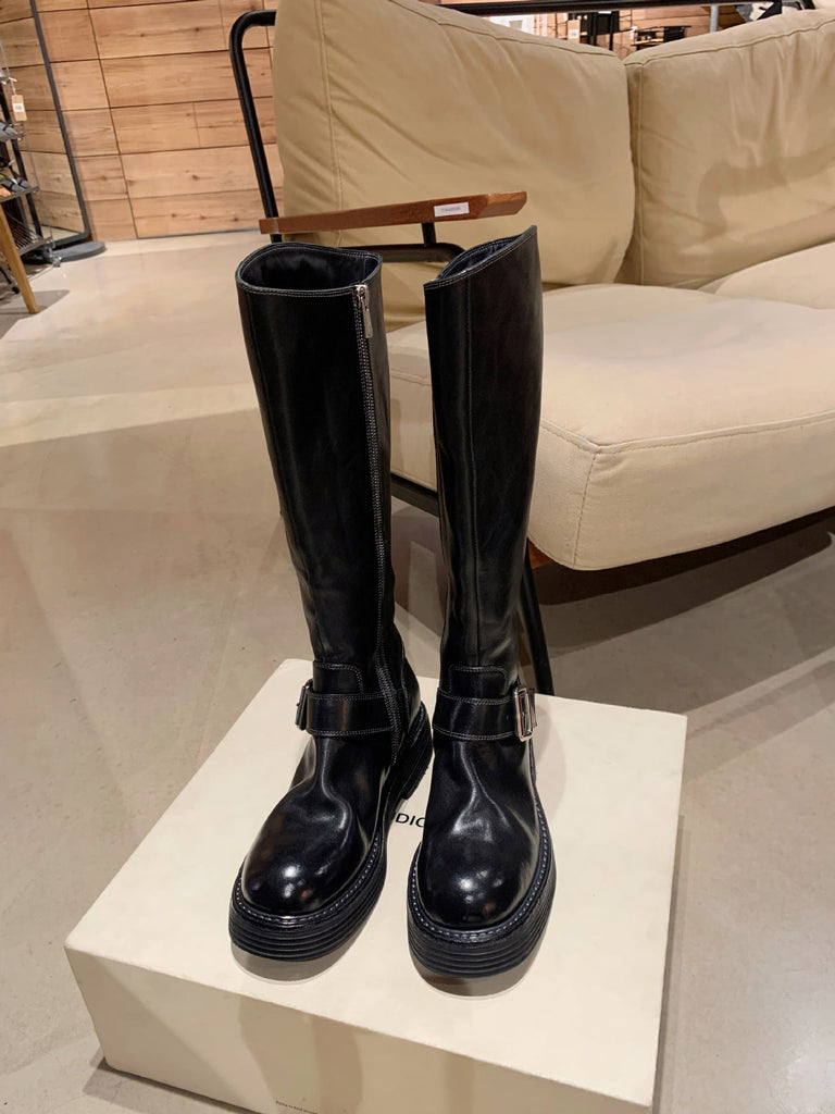 WW | Gewaschenes Leder Rund Bis Oben Chunky Heel Mittelhohe Stiefel Frauen