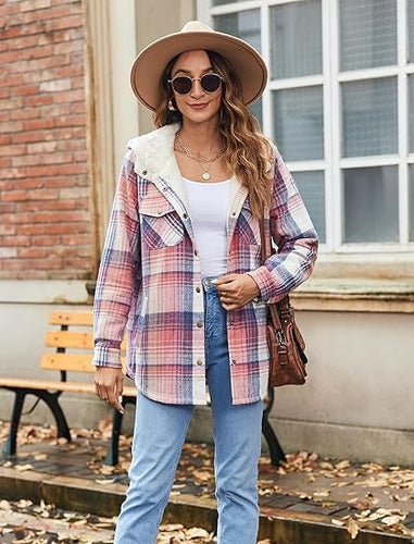 W&W Mode | Plaid Jacke Langarm Schnalle Wolle mit Kapuze