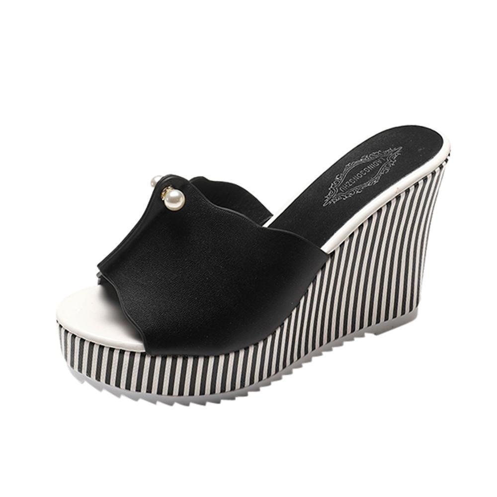 WW | Streifen Perlenbedeckte Plattform Offene Zehen High Heels Slope Slip on Wedges