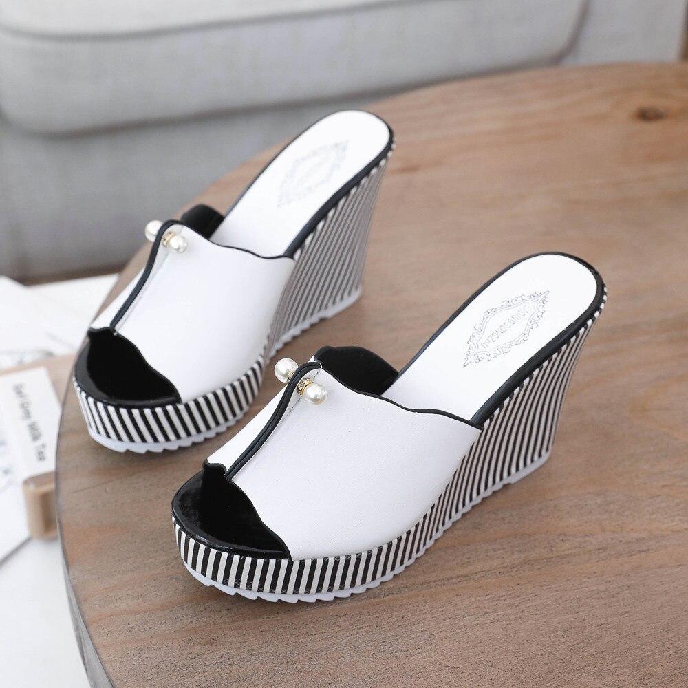 WW | Streifen Perlenbedeckte Plattform Offene Zehen High Heels Slope Slip on Wedges