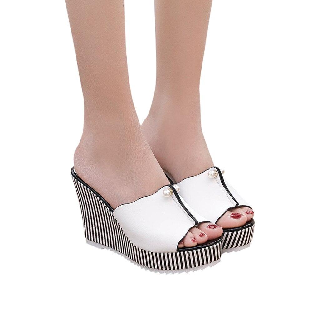 WW | Streifen Perlenbedeckte Plattform Offene Zehen High Heels Slope Slip on Wedges