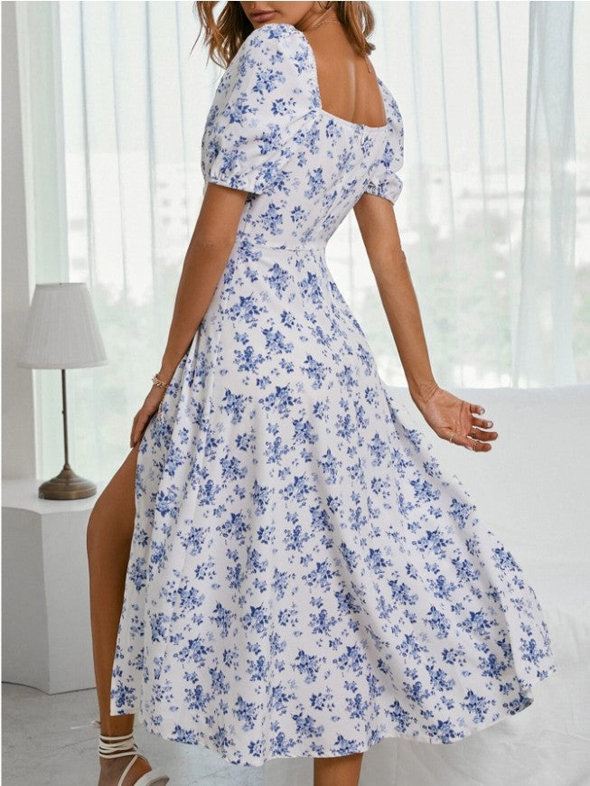W&W Mode | Blumen Kleid mit gebundenem vorne Puffärmel Rosen Brustzentrum Kleid
