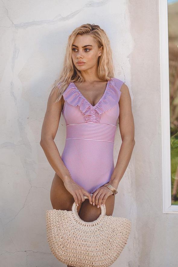 WW | Gestreifter Badeanzug Mit Rüschendetails