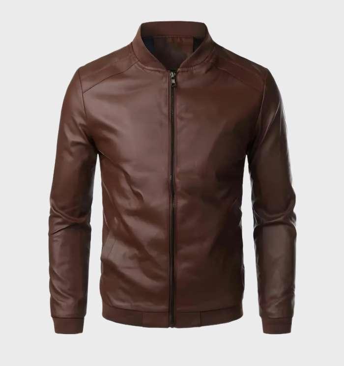 WW | Strapazierfähige Lederjacke Mit Taschen Und Durchgehendem Reißverschluss