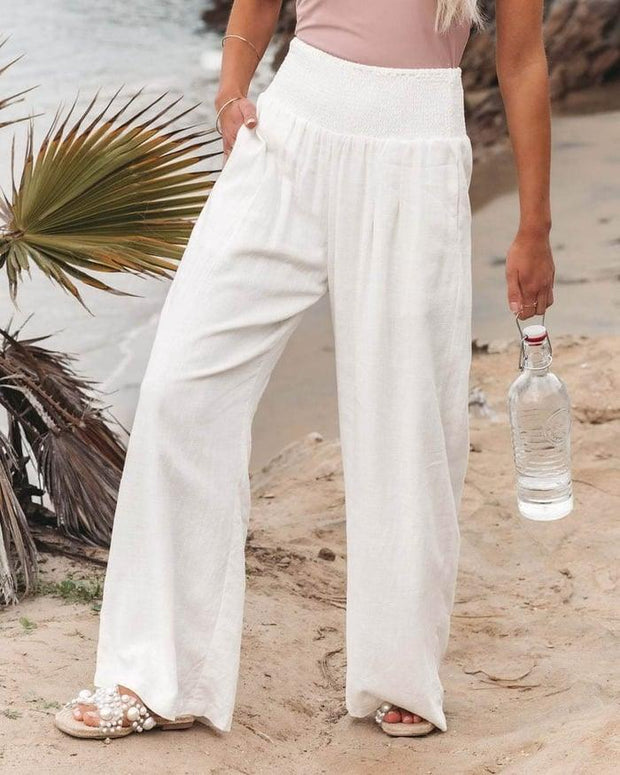 WW - Lässiger Komfort: Weite Hose aus Baumwoll-Leinen mit hoher Taille | Fließende Strandhose mit gesmoktem Bund