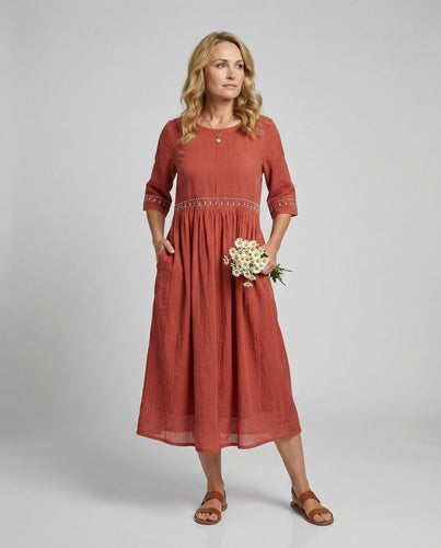 W&W Mode - Damen Besticktes Baumwoll-Leinen Kleid, Luftig & Locker Geschnitten