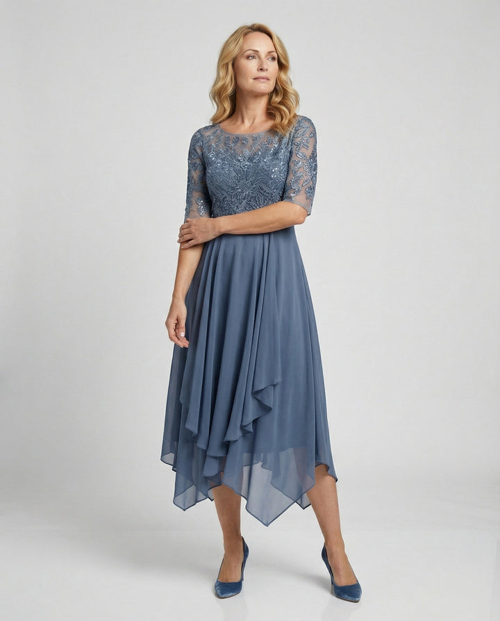 W&W Mode - Damen Elegantes Spitze Chiffon Midikleid, Fließend & Feminin Geschnitten
