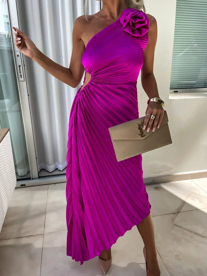 W&W Mode | Ein Schulter Kleid Faltenrock Blumenverzierung Abendliche Eleganz