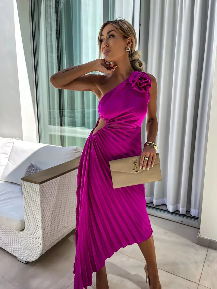 W&W Mode | Ein Schulter Kleid Faltenrock Blumenverzierung Abendliche Eleganz