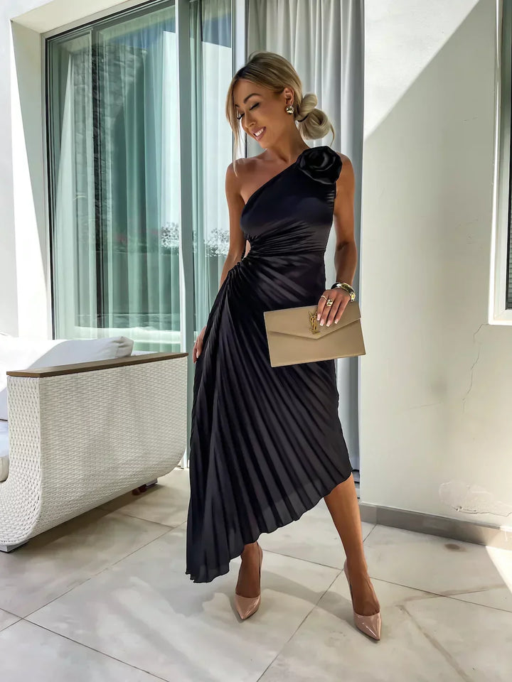 W&W Mode | Ein Schulter Kleid Faltenrock Blumenverzierung Abendliche Eleganz