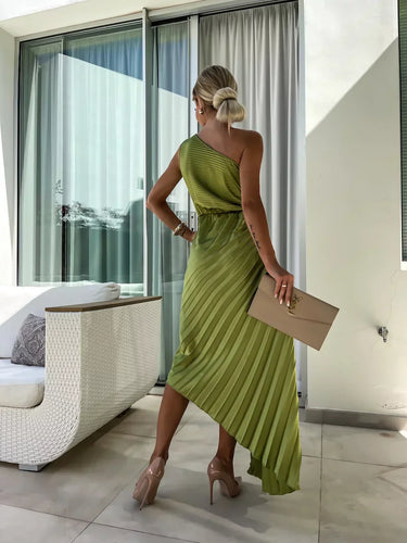 W&W Mode | Ein Schulter Kleid Faltenrock Blumenverzierung Abendliche Eleganz