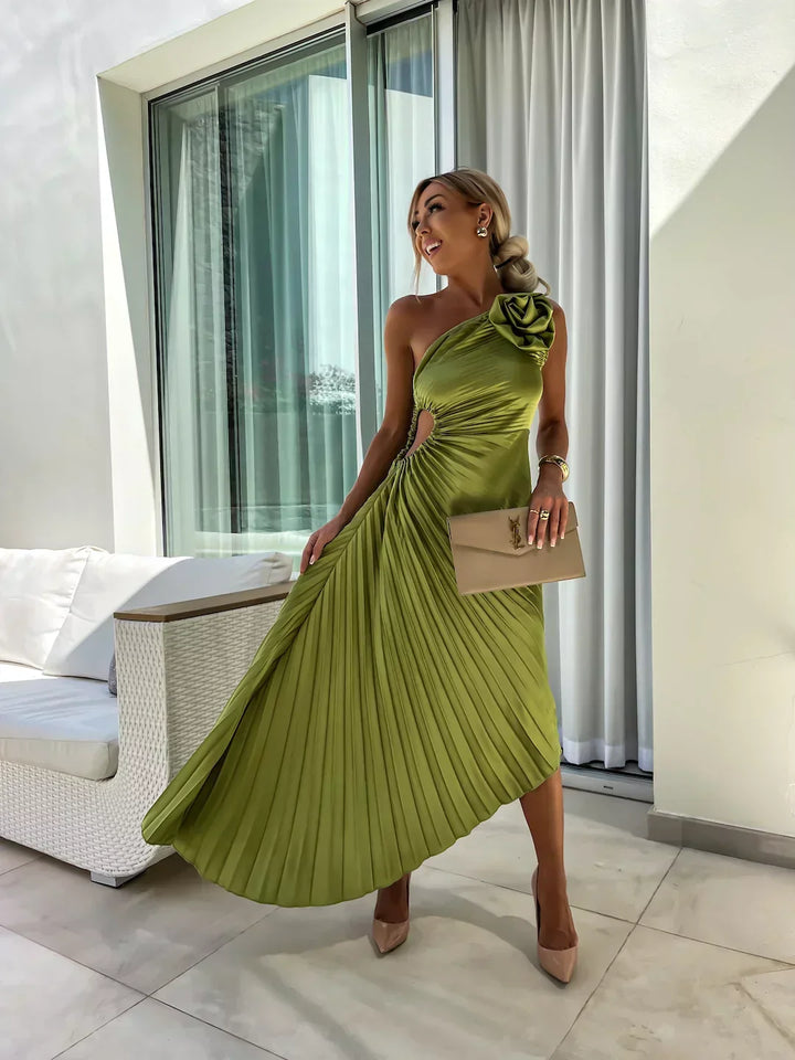 W&W Mode | Ein Schulter Kleid Faltenrock Blumenverzierung Abendliche Eleganz