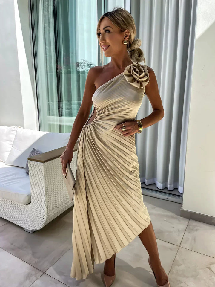 W&W Mode | Ein Schulter Kleid Faltenrock Blumenverzierung Abendliche Eleganz