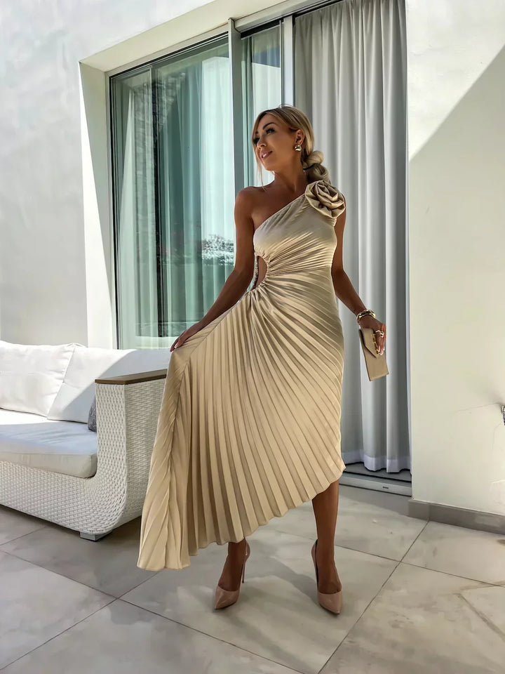 W&W Mode | Ein Schulter Kleid Faltenrock Blumenverzierung Abendliche Eleganz