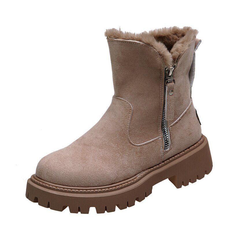 W&W Mode | Damen Stiefeletten - gefütterte Wildlederstiefel mit Reißverschluss und Fellkragen