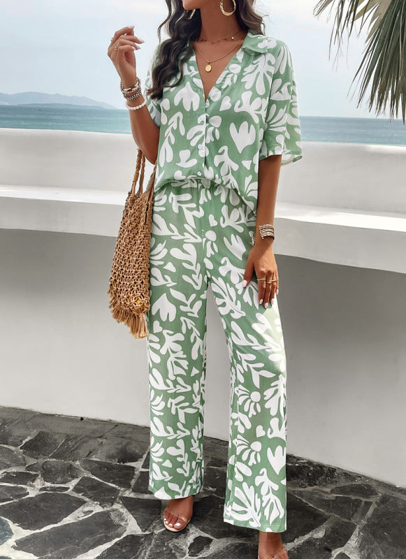 WW | Elegante Trendige Grüne Blätterdruck Hosen Und Blusen Matchingsatz