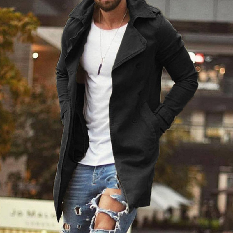 WW | Herren Schwarzer Trenchcoat Lange Jacke