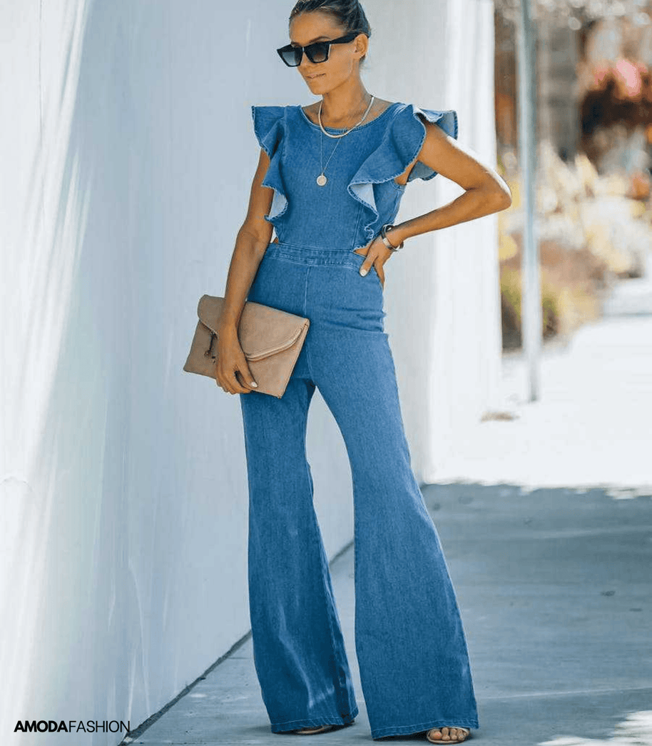 WW | Hochwertige Denim-Jumpsuits mit ausgestellten Ärmeln