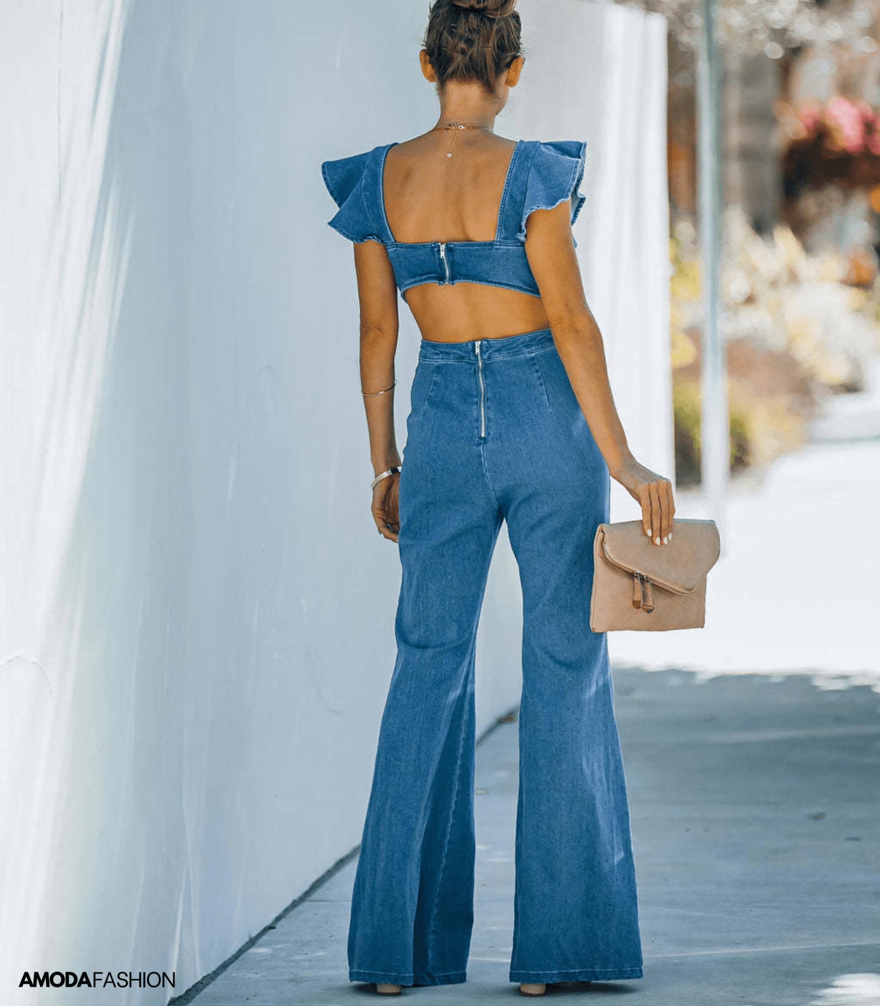 WW | Hochwertige Denim-Jumpsuits mit ausgestellten Ärmeln