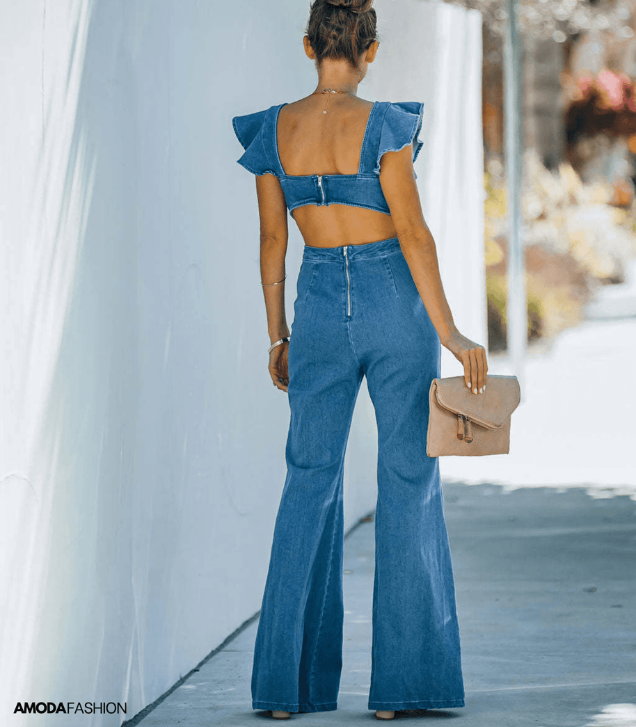 WW | Hochwertige Denim-Jumpsuits mit ausgestellten Ärmeln