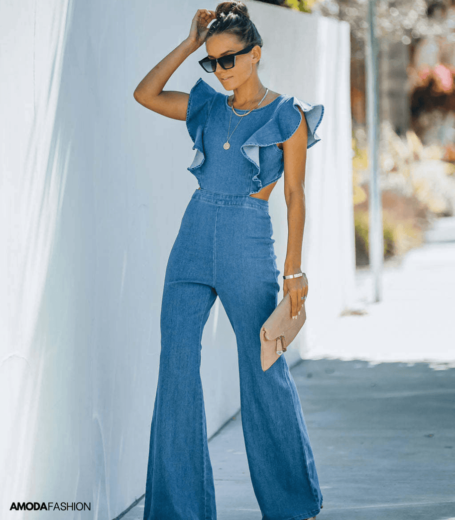 WW | Hochwertige Denim-Jumpsuits mit ausgestellten Ärmeln