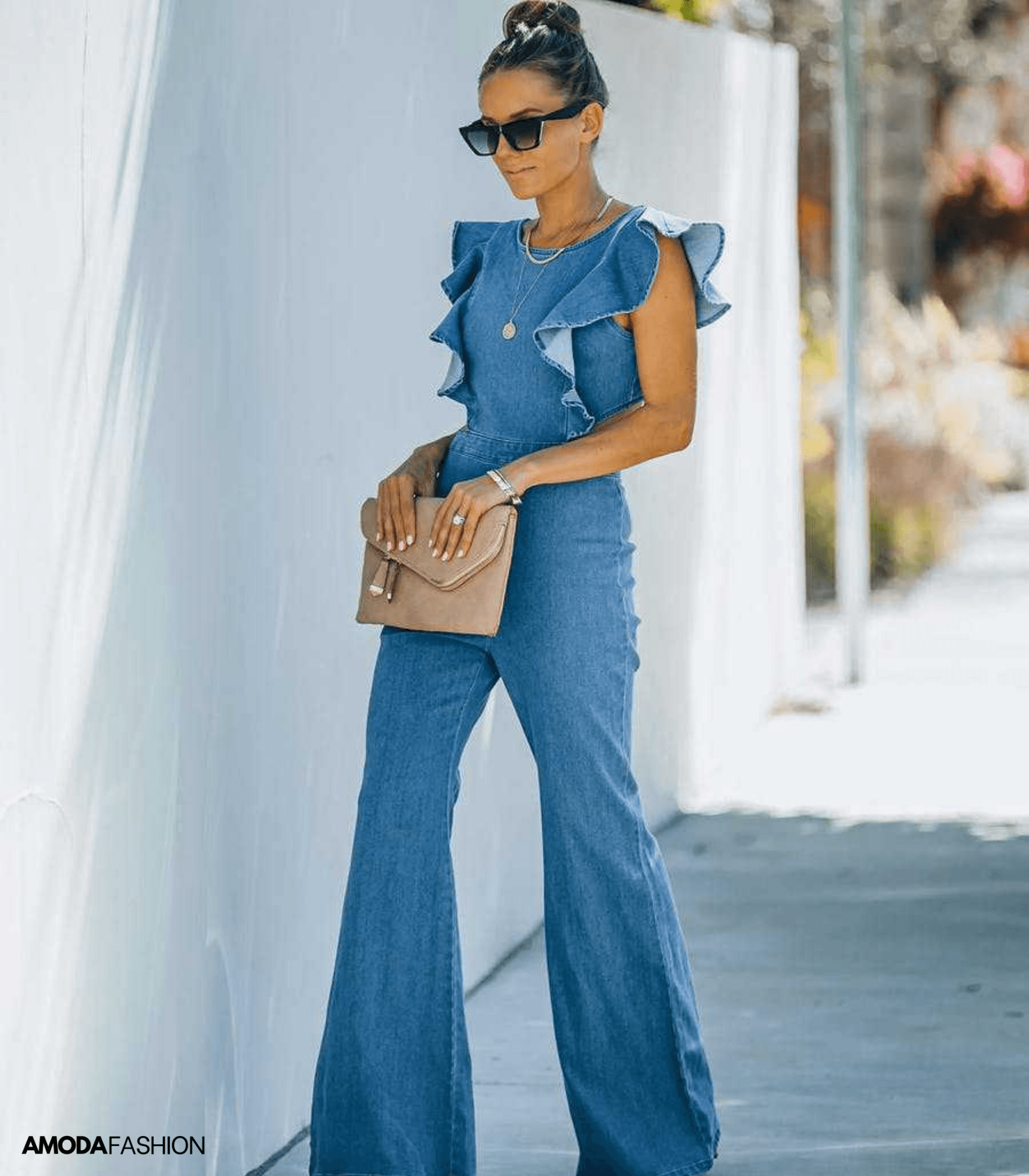 WW | Hochwertige Denim-Jumpsuits mit ausgestellten Ärmeln