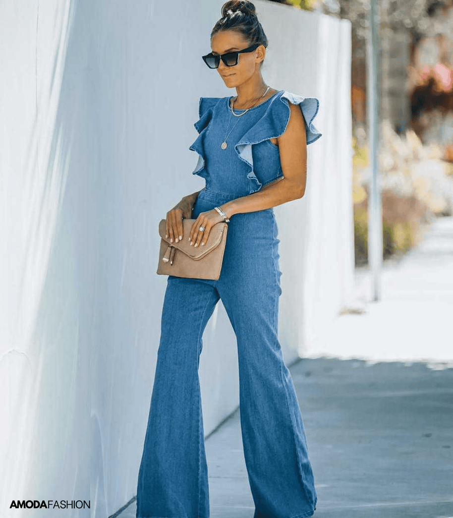 WW | Hochwertige Denim-Jumpsuits mit ausgestellten Ärmeln