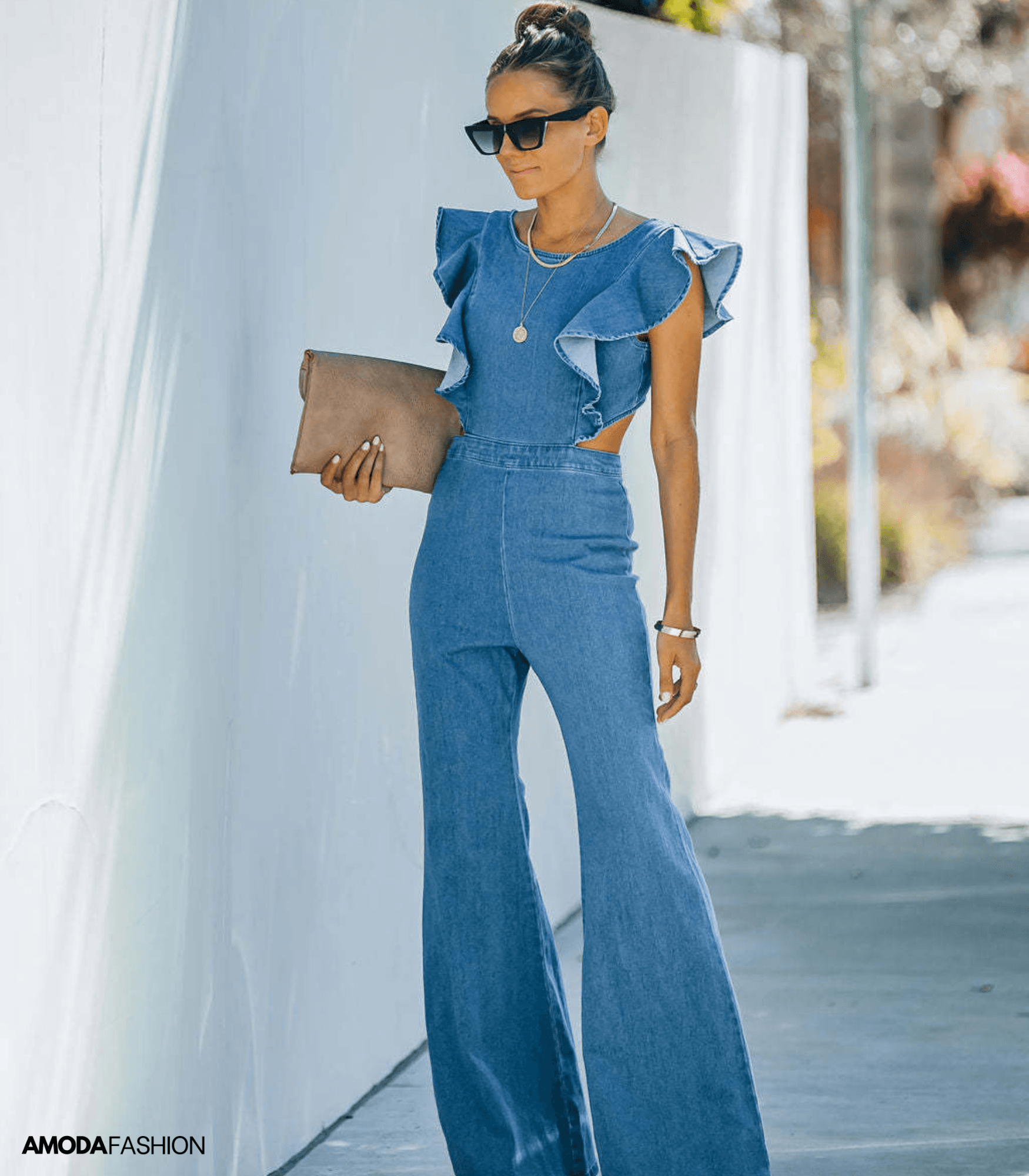 WW | Hochwertige Denim-Jumpsuits mit ausgestellten Ärmeln