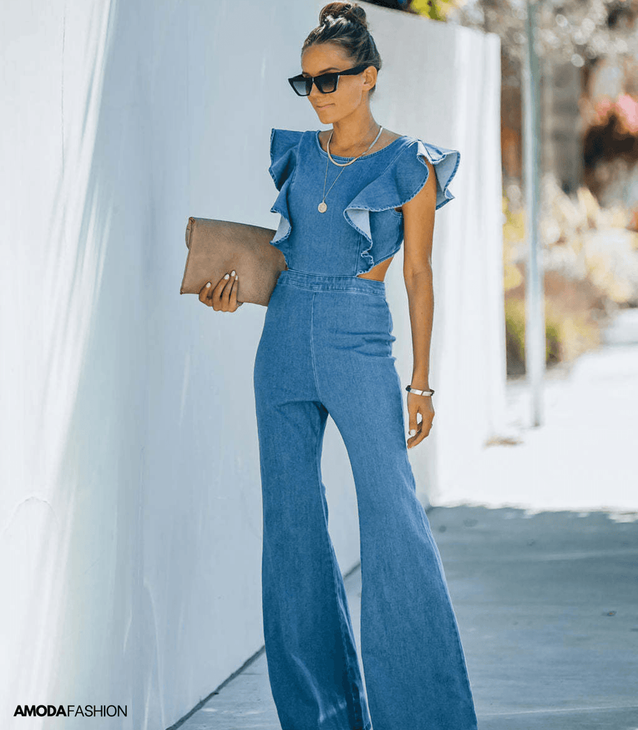 WW | Hochwertige Denim-Jumpsuits mit ausgestellten Ärmeln