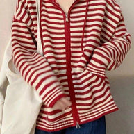 WW | Hooded Gestreifter Langarmstrickstrickjacke