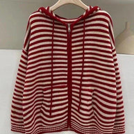 WW | Hooded Gestreifter Langarmstrickstrickjacke