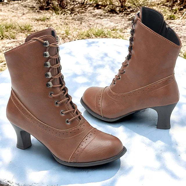 WW | Damen Viktorianische Braune Mid-Heel Schnürstiefel mit Reißverschluss