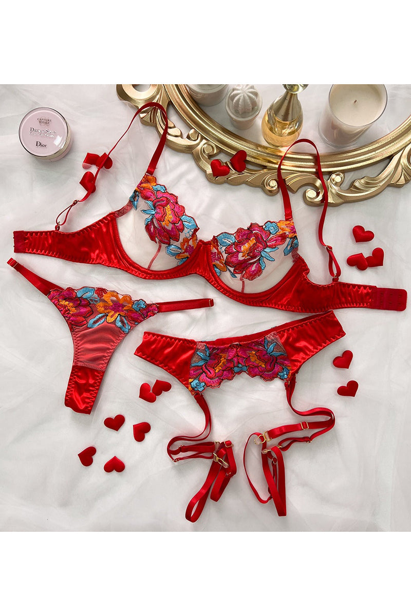 WW | Satin Durchsichtige Blumen 3 Teile Lingerie Set