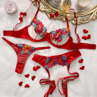 WW | Satin Durchsichtige Blumen 3 Teile Lingerie Set