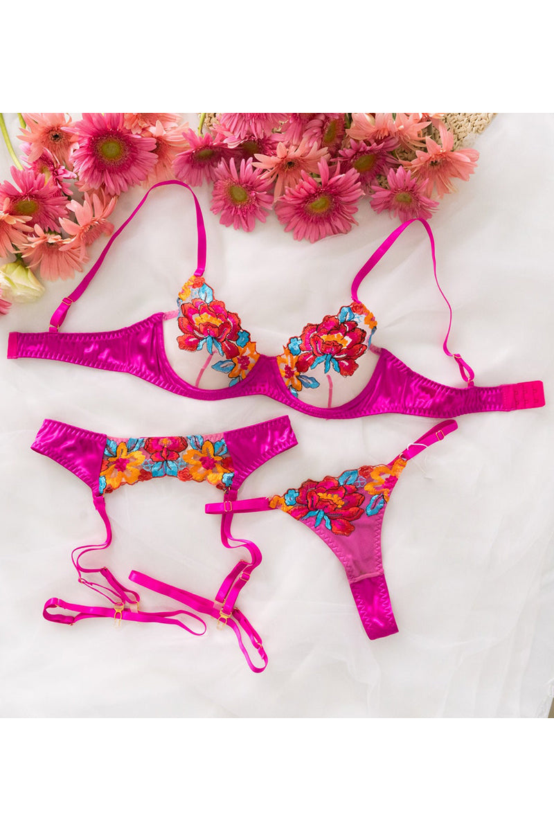 WW | Satin Durchsichtige Blumen 3 Teile Lingerie Set