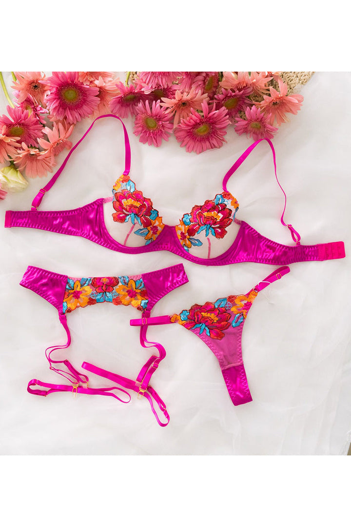 W&W Mode | Satin Durchsichtige Blumen 3 Teile Lingerie Set