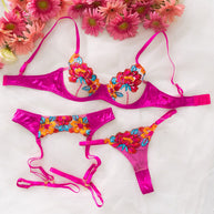 WW | Satin Durchsichtige Blumen 3 Teile Lingerie Set